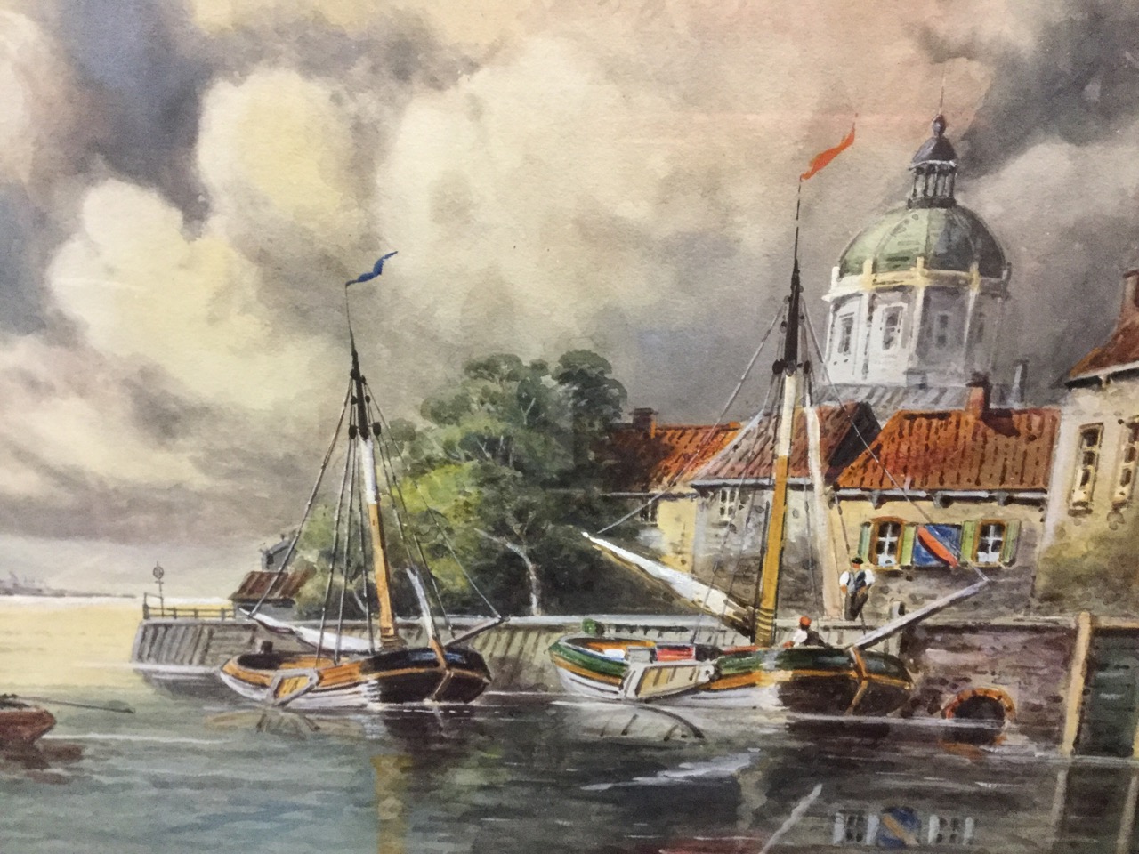 E Lett, watercolour, Dutch coastal estuary scene with boats & figures by quayside, titled Groothoofd - Image 3 of 3