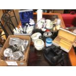 Miscellaneous items including a boxed globe ball on stand, a Victorian pewter teapot, cutlery with