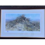 David Shepard, lithographic print, landscape with leopards titled The Best Spots on the Hill, signed