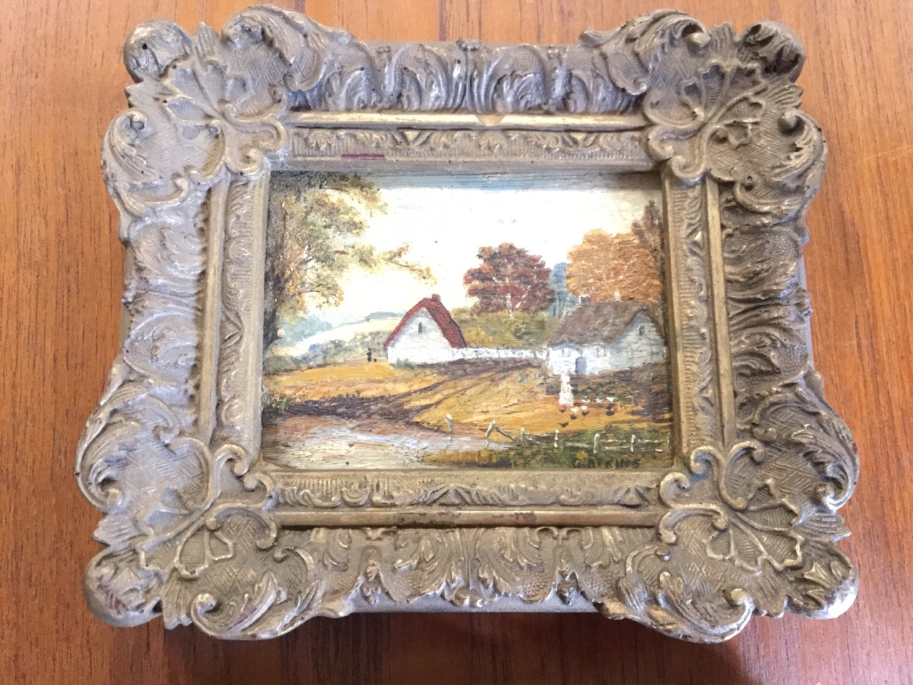 G Atkins, oil on copper, country scene with cottages and figure with chickens by pond, signed and in - Image 2 of 3