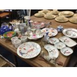 Miscellaneous ceramics including a Poole jug, a Satsuma bowl, a pair of handpainted candlesticks,