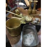 Miscellaneous brass and copper including a Victorian chestnut roaster with hinged lid, a 1924