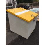 An angled storage bin with hinged lid having galvanised mounts and locking hasp. (31in x 33in x
