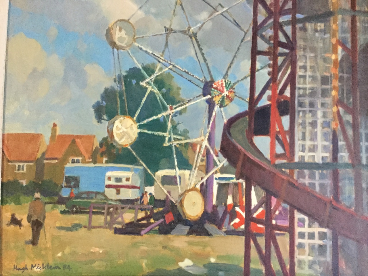 Hugh Ralph Micklem, oil on board, fairground scene with figures, titled to label verso The Fair at - Image 3 of 3