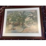A large Chinese river landscape print with figures, huts, boats, etc., the image with signature