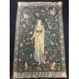 A William Morris style tapestry, the hanging sewn with maiden amongst scrolled foliage with birds