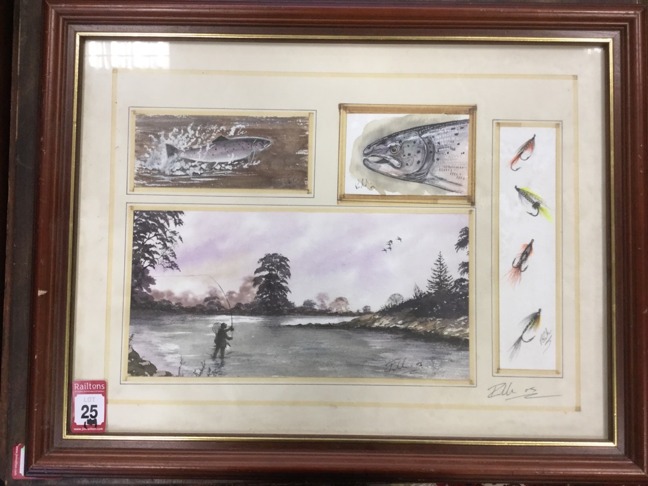 Four watercolours of salmon, flies and man fly fishing, signed indistinctly, laid down & framed. (