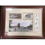 Four watercolours of salmon, flies and man fly fishing, signed indistinctly, laid down & framed. (