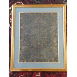 A nineteenth century Thangka, finely painted on cloth/leather?, mounted and gilt framed. (13in x