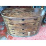 An oval Gillow style eighteenth century mahogany chest, the top with ribbed edge above four long