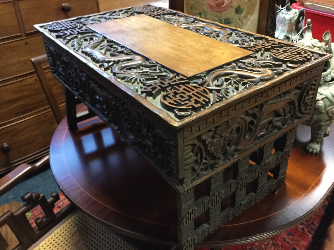 A carved nineteenth century Chinese hardwood table, the rectangular box with folding square - Image 3 of 3