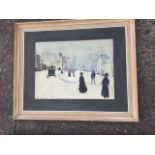 60s oil on paper, winter street scene with figures, unsigned, mounted & framed. (19in x 14in)
