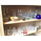 A quantity of glass including antique medicine bottles, decanters & stoppers, vases, a pair of