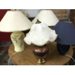 A pair of contemporary tablelamps with gilded leaf decoration to lemon painted vase bodies mounted