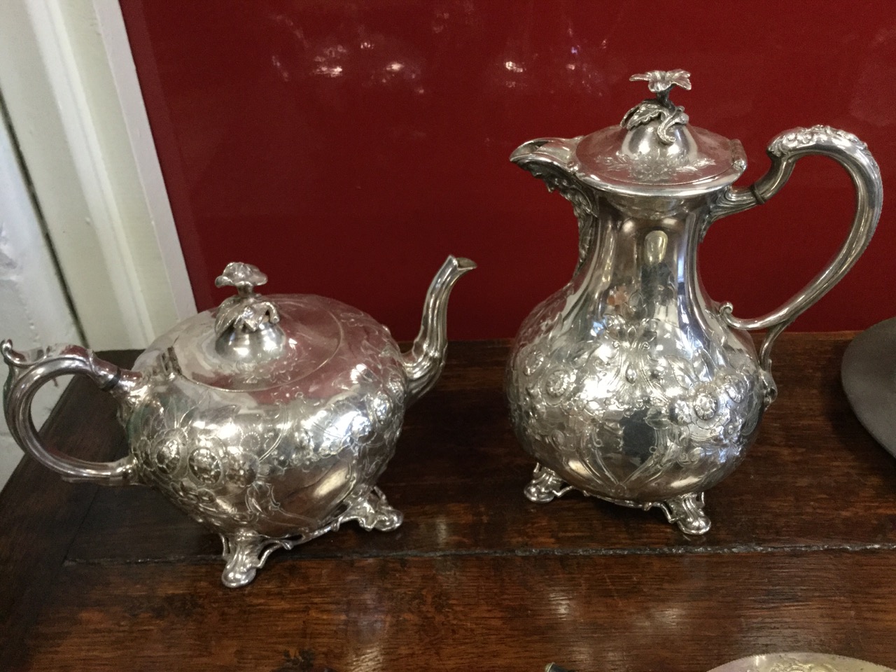 A Victorian Shaw & Fisher floral embossed tea & coffee pot, the hinged covers with flower finials; - Image 3 of 3