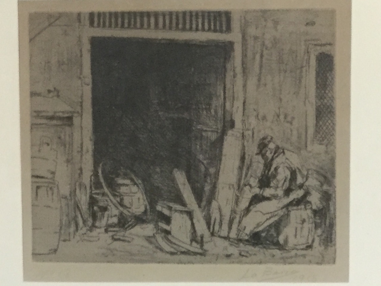 La Barre, a numbered etching of a working cooper by workshop doorway, signed in pencil and dated - Image 3 of 3