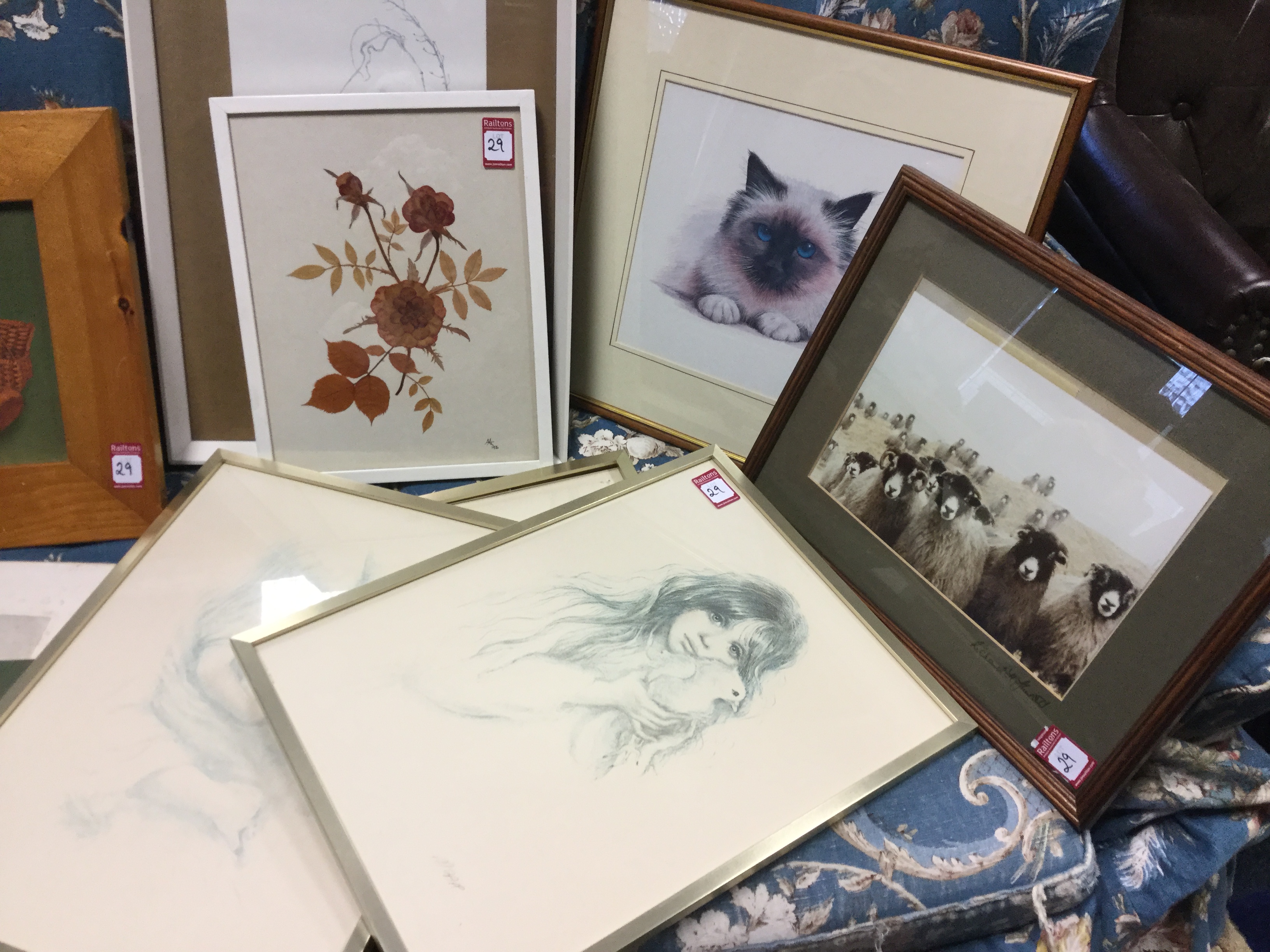 A box of miscellaneous framed prints, photographs, pressed flowers, three Zapp prints, some - Image 2 of 2