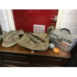 Miscellaneous items including fishing tackle, a bait box, a sheathed Italian army dagger, a tweed