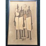 African school, oil on linen, three stylised figures, signed indistinctly and dated 1971, framed. (
