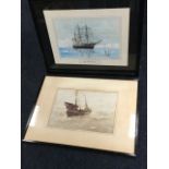 David Hawker, pencil & watercolour, study of Captain Scotts ship Discovery with penguins in