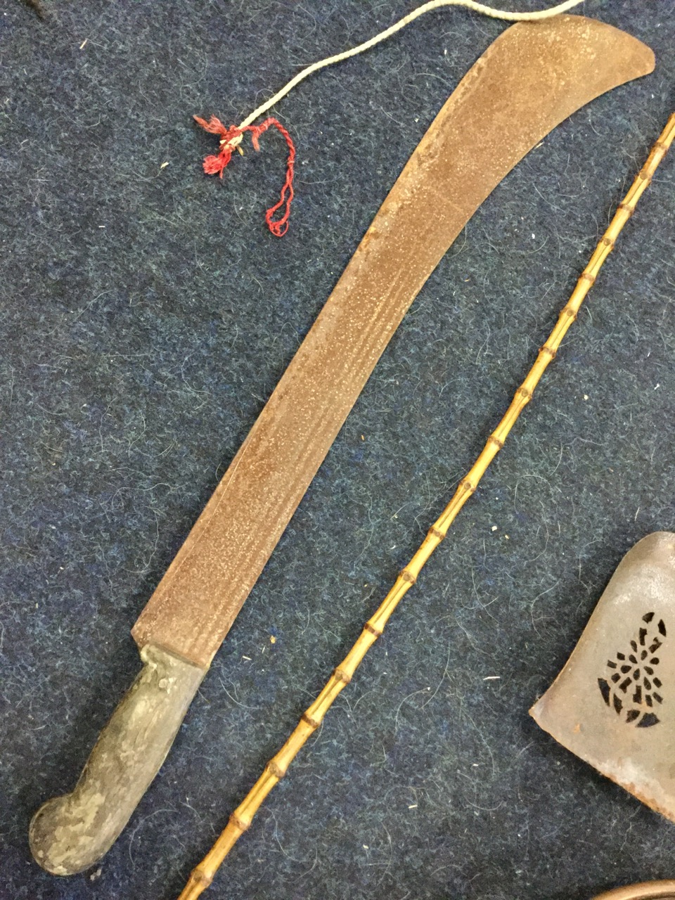 A large machete with horn handle; a schoolmaster bamboo cane; a malacca riding crop with silver - Image 2 of 3