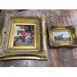 Two antique style decorative country pictures in foliate scrolled gilt frames - sheep in