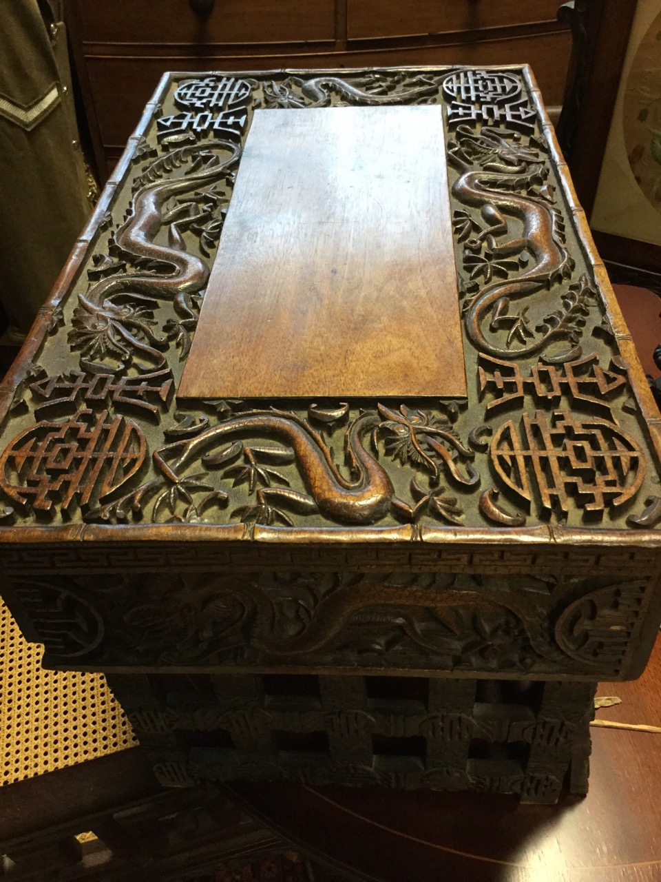 A carved nineteenth century Chinese hardwood table, the rectangular box with folding square - Image 2 of 3