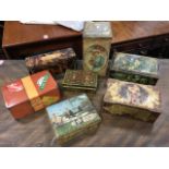 Seven miscellaneous collectors tins, containing sewing gear, beads, etc - biscuit, moneybox, toffee,