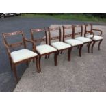 A set of six regency style mahogany dining chairs, the curved backs with pierced rails above joining