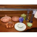 Miscellaneous 30s and later coloured glass including frosted pink flower bowl with maiden