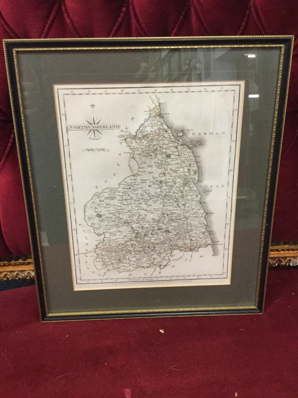 A nineteenth century handcoloured map of Northumberland after Cary, the plate with glazed verso