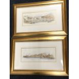 Halela, pen ink & watercolour, a pair, European coastal studies, signed and dated, mounted & gilt