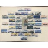 A framed collection of John Player Modern Naval Craft cigarette cards, mounted with a packet of