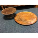 A circular mahogany single-piece tray with moulded rim, having baize underside - 21in; and a