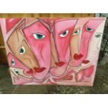 Contemporary oil on canvas, signed indistinctly, lipped heads after Picasso, unframed. (40in x