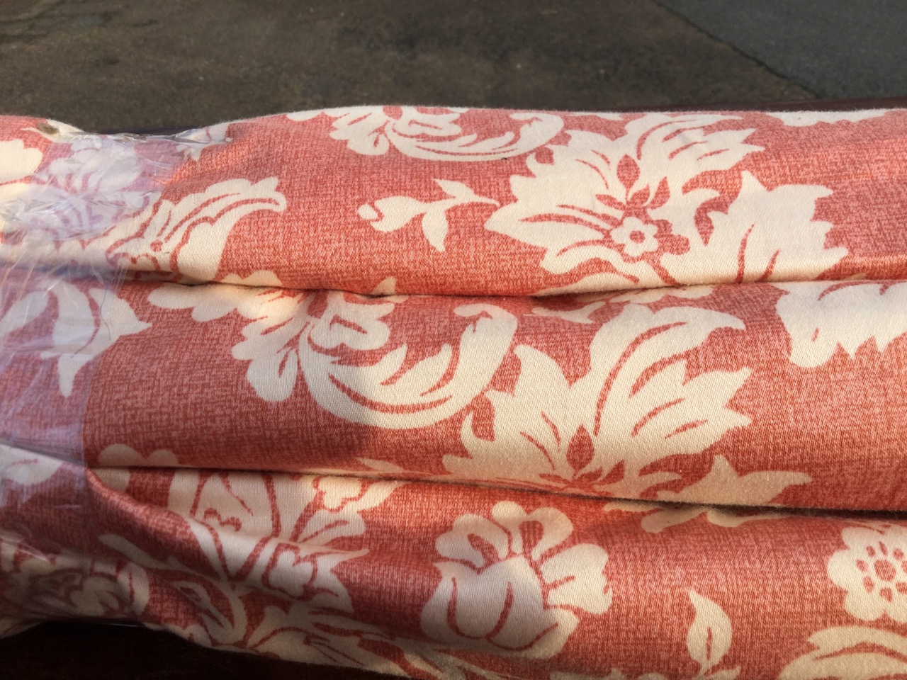 Four printed cotton blinds of floral design on red ground, removed from house complete with cords, - Image 2 of 3