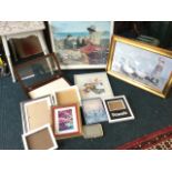 Miscellaneous framed prints, empty frames, a box frame with hinged lid, photo frames, etc. (A lot)