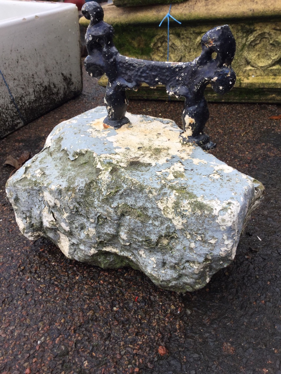 A Victorian painted cast iron bootscraper, the scrolled blade set into a stone block. (12in x 10in x - Image 3 of 3