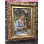 Oil on canvas, Edwardian pre-raphaelite style three-quarter length study of a young lady on bench