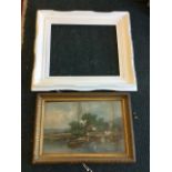 A water landscape print in anthemion moulded gilt & gesso frame; and a white painted nineteenth