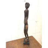 A West African carved wood figure, the tribal piece mounted on square ebonised plinth. (24in)