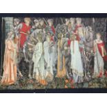 A medieval style tapestry, the hanging sewn with Pre-Raphaelite scene of mounted soldiers and