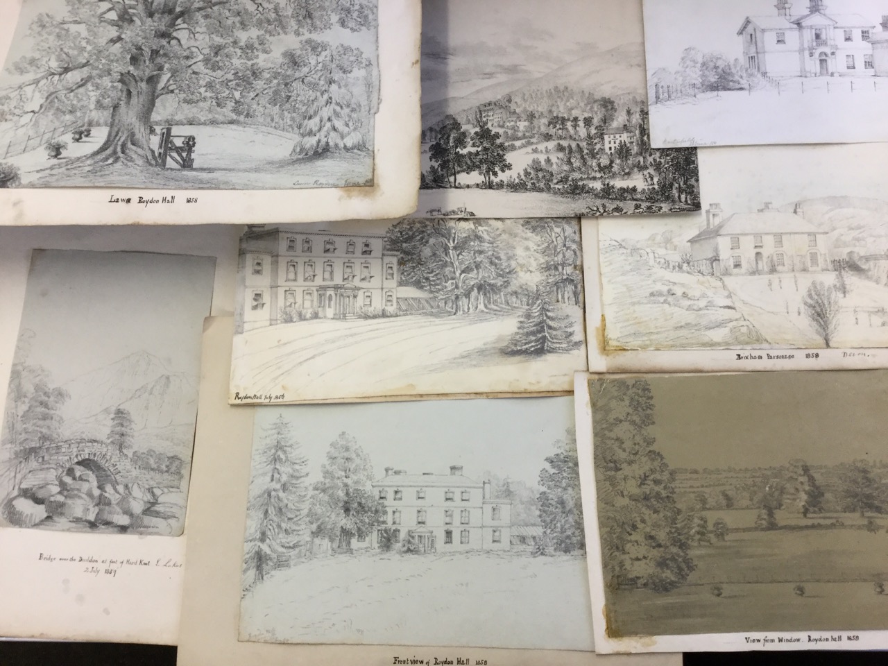 Eight nineteenth century pencil and ink studies circa 1859 - Lakes, Roydon Hall, Devon, Burtonfield,