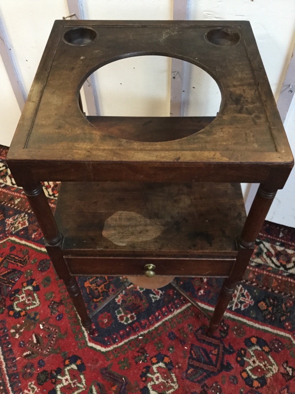 A square Georgian mahogany washstand, the tray top pierced for bowls supported on turned legs, the - Image 3 of 3
