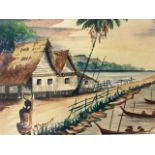 M Sawoot - known as Pak Sawoot, oil on card, huts with figure in foreground and coastal pier nr
