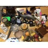 Miscellaneous items including old tins, Zeiss & Nikon binnoculars, decorative polished stone eggs,