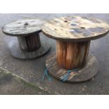 A 3ft dia pine drum - suitable for a garden table; and another similar but smaller. (27.5in & 21.