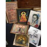 Two framed Picasso prints; three gilt framed eastern deity prints; and a gilt framed coloured
