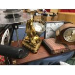 Miscellaneous items including an oak cased mantleclock, a composition dolphin tablelamp and other
