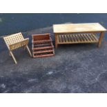 A pine kitchen plate rack with moulded shelf and wave shaped sides supporting spindle draining racks